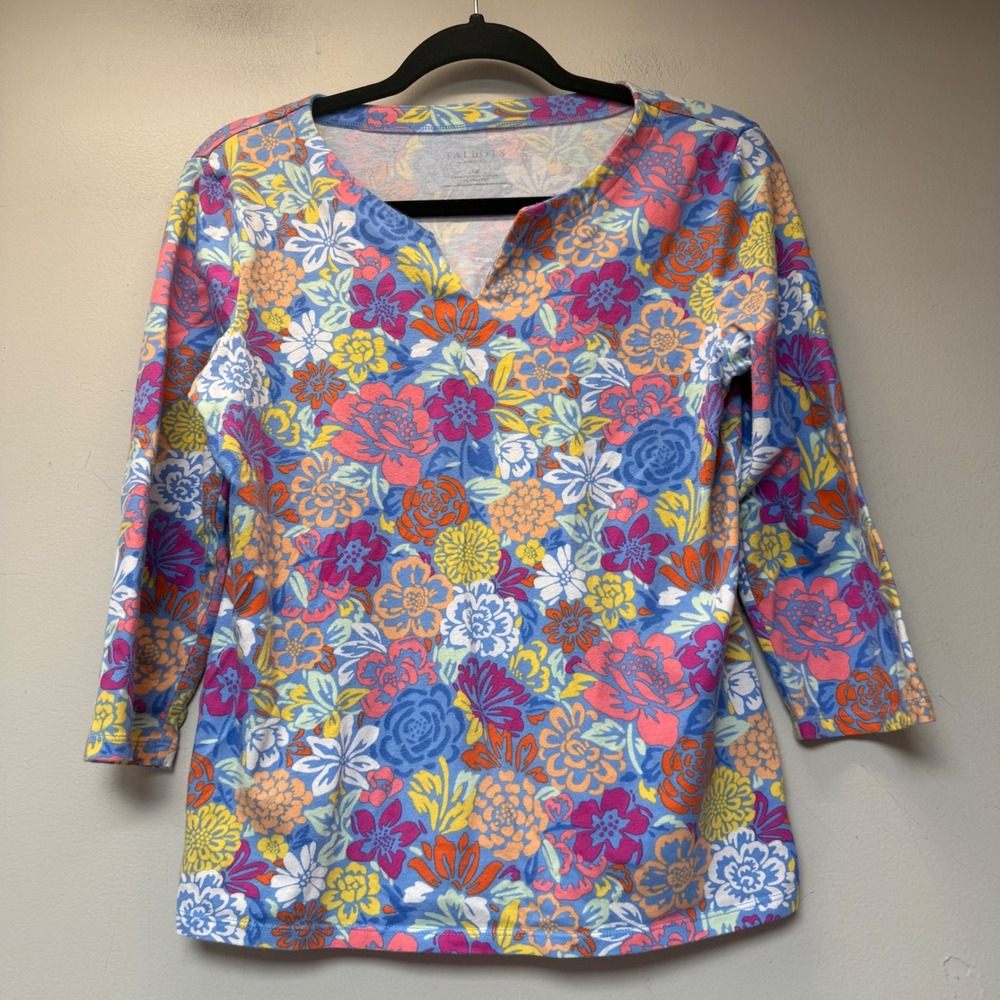 Talbots Floral Top Womens Large Petite Blue Pink 3/4 Sleeve Split Neck Cotton